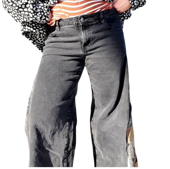 Upcycled Old Navy Black and Brown Flare Wide Jeans Lowrise Western - Picture 7 of 9
